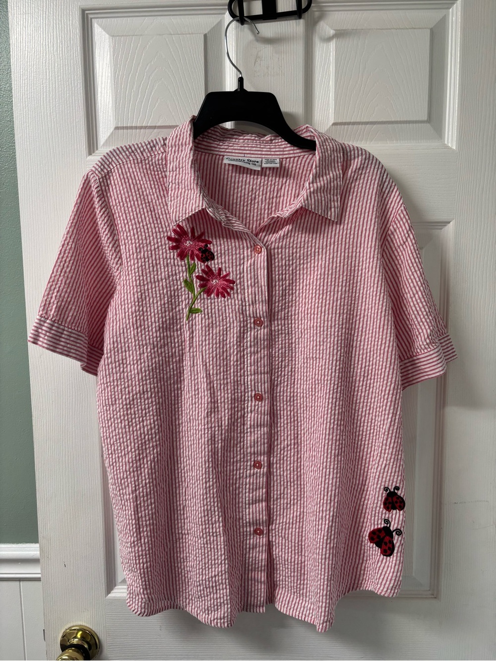Country Store Pink Seersucker Ladybug Embroidered Button Cottagecore Blouse
